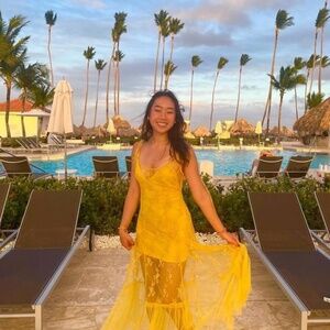 NEW UO Kimchi Blue Micah Mustard Yellow Embroidered Floral Lace Midi Dress XS